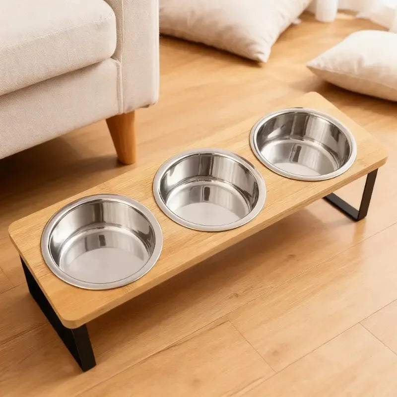 Elevated Cat Bowls - 15° Tilted Raised Stand with Stainless Steel Bowls - Three basins | The Couple Corner