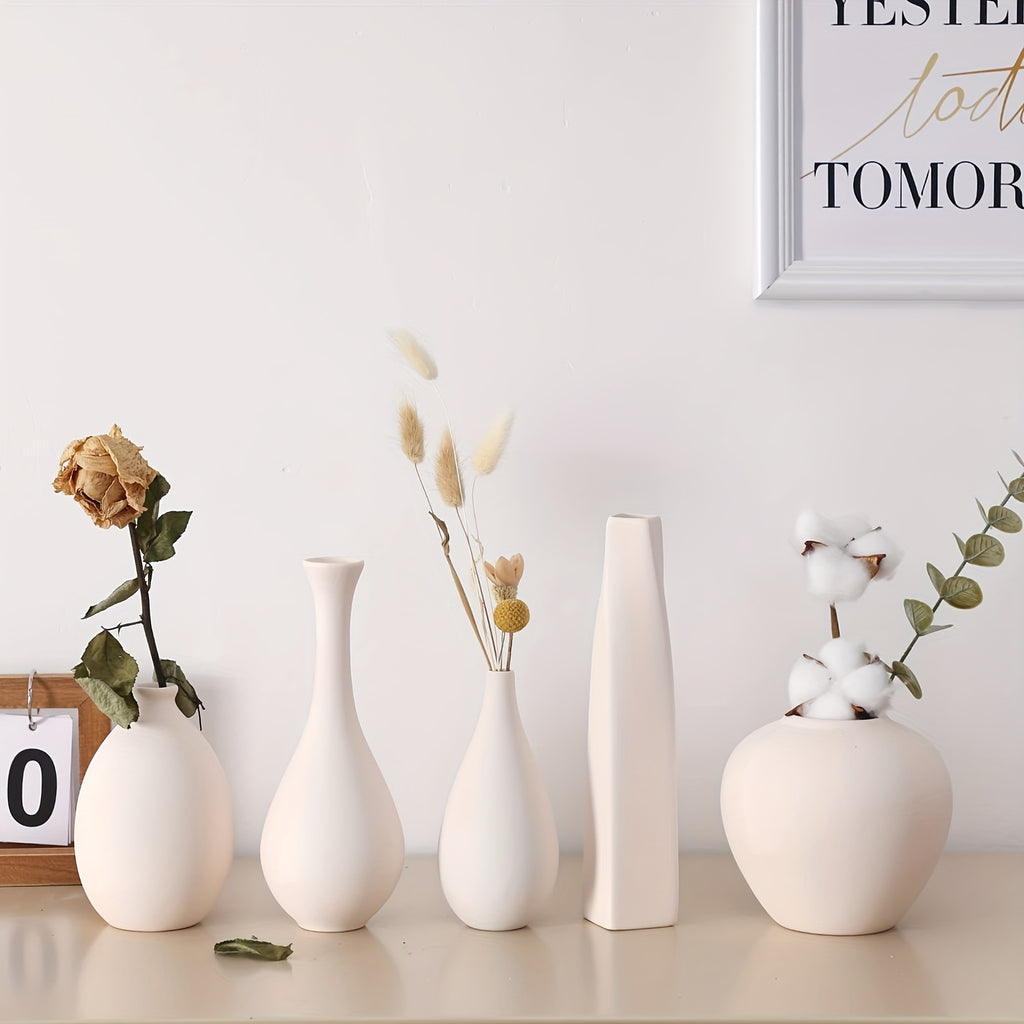 Modern Farmhouse Ceramic Vase Set of 6 - Rustic White Cylinder Vases for Pampas Grass & Dried Florals, Couples Home Decor for Shelves & Tables