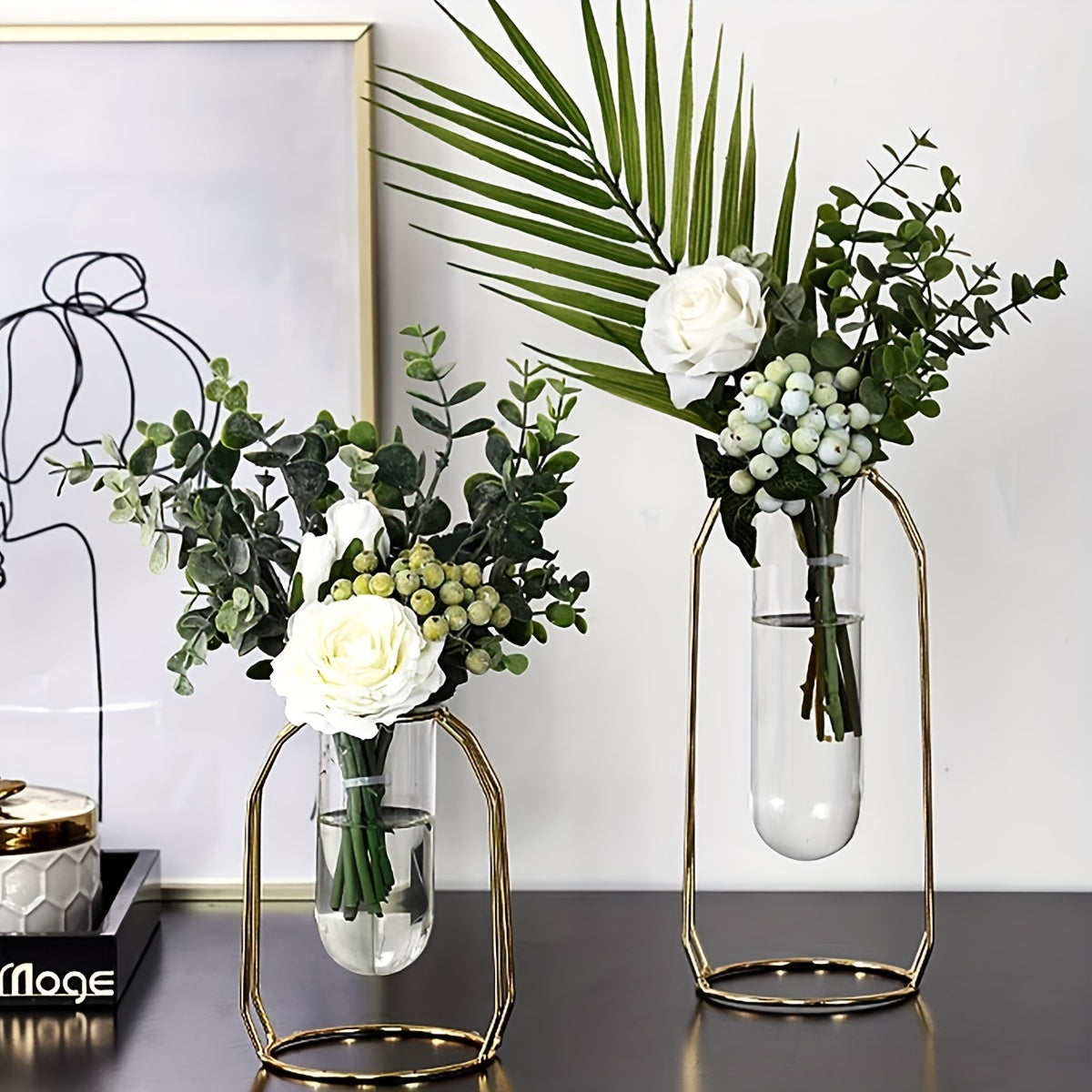 Hydroponic Vase - Golden Metal Frame Glass Planter for Couples' Shared Desk | The Couple Corner