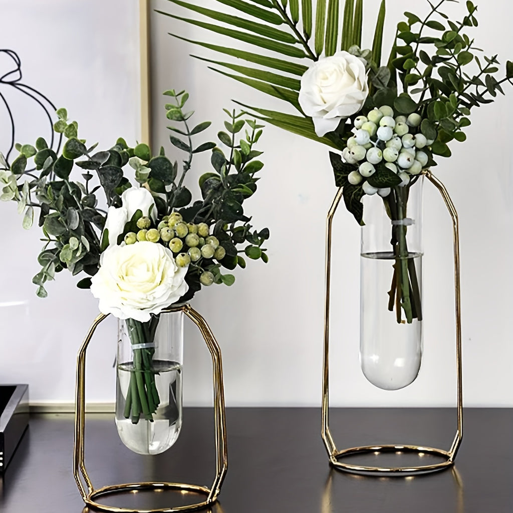 Modern Hydroponic Vase for Couples - Golden Metal Frame Glass Planter for Shared Desks, Dried Florals & Growing Your Love