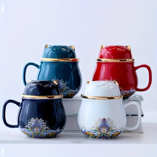 Matching Fortune Cat Tea Mug Set - Ceramic Cups with Infuser for Couples' Morning Rituals & Cozy Moments | The Couple Corner