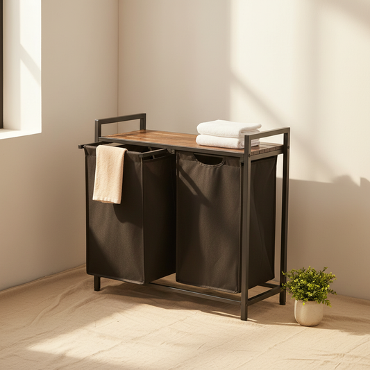 2-Compartment Laundry Basket - Metal Frame with Oxford Fabric Bags - | The Couple Corner