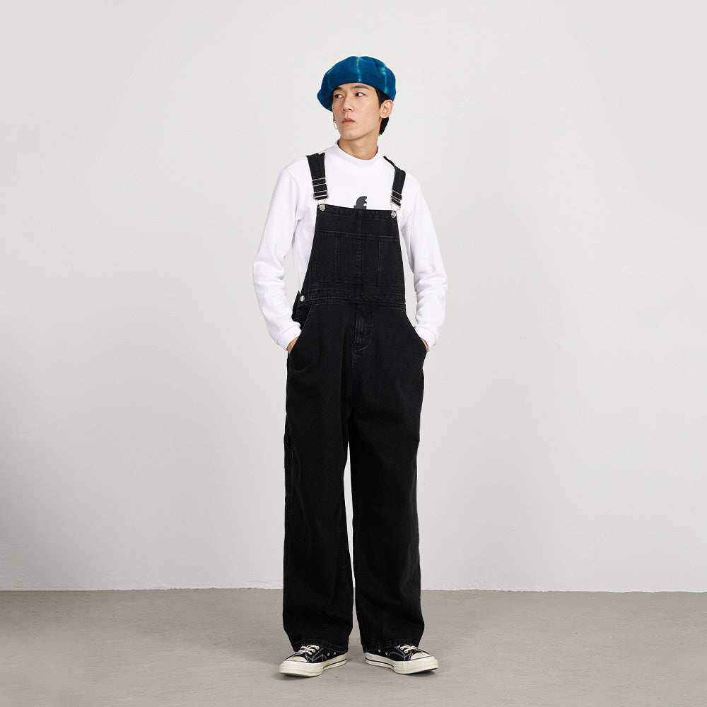 日系古牛仔背帶工裝褲