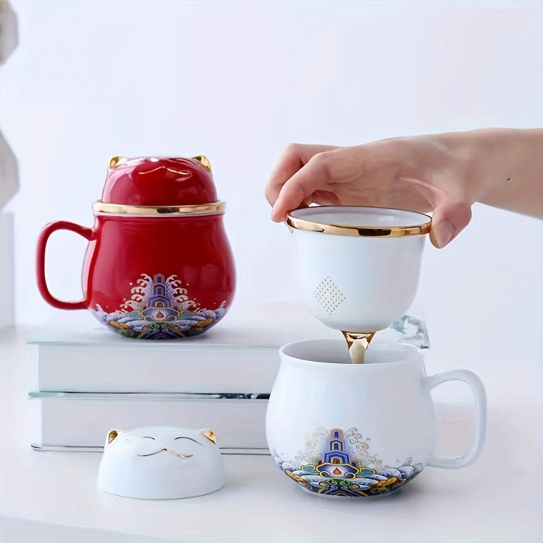 Matching Fortune Cat Tea Mug Set - Ceramic Cups with Infuser for Couples' Morning Rituals & Cozy Moments | The Couple Corner