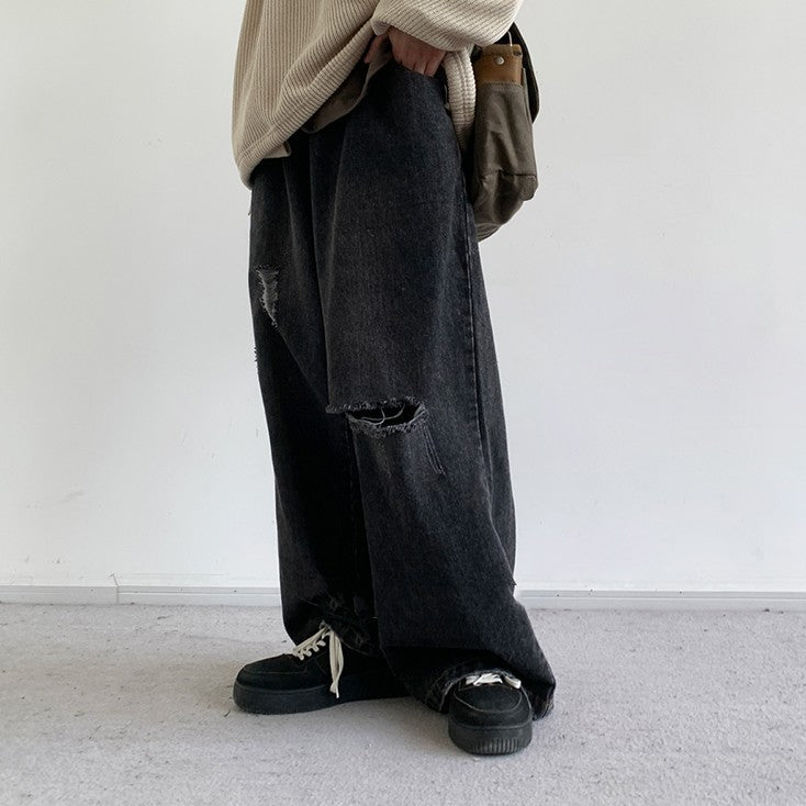 日式復古重工水洗手撕牛仔褲