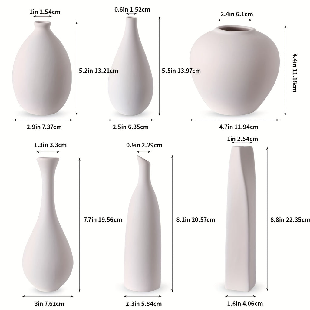 Modern Farmhouse Ceramic Vase Set of 6 - Rustic White Cylinder Vases for Pampas Grass & Dried Florals, Couples Home Decor for Shelves & Tables