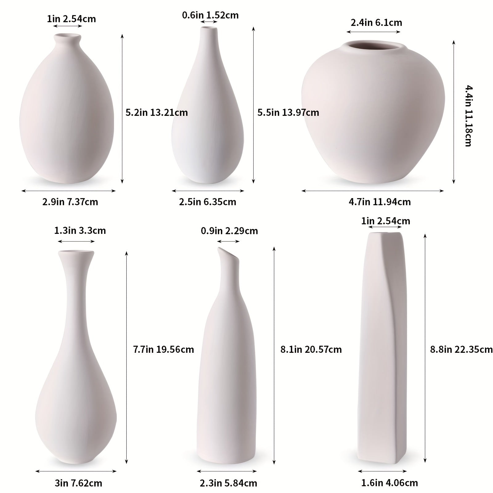 Modern Farmhouse Ceramic Vase Set of 6 - Rustic White Cylinder Vases for Pampas Grass & Dried Florals, Couples Home Decor for Shelves & Tables