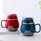Matching Fortune Cat Tea Mug Set - Ceramic Cups with Infuser for Couples' Morning Rituals & Cozy Moments