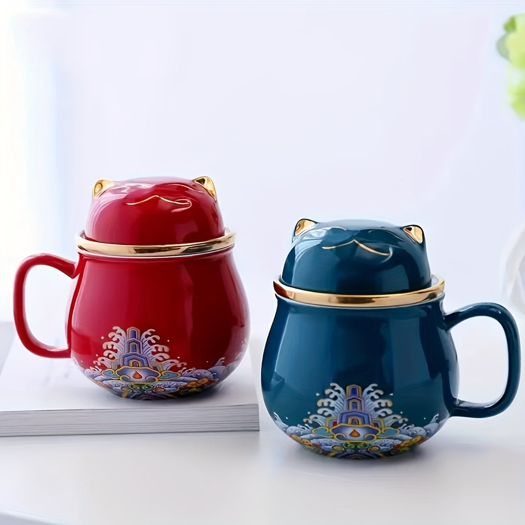 Matching Fortune Cat Tea Mug Set - Ceramic Cups with Infuser for Couples' Morning Rituals & Cozy Moments