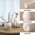 Modern Farmhouse Ceramic Vase Set of 6 - Rustic White Cylinder Vases for Pampas Grass & Dried Florals, Couples Home Decor for Shelves & Tables