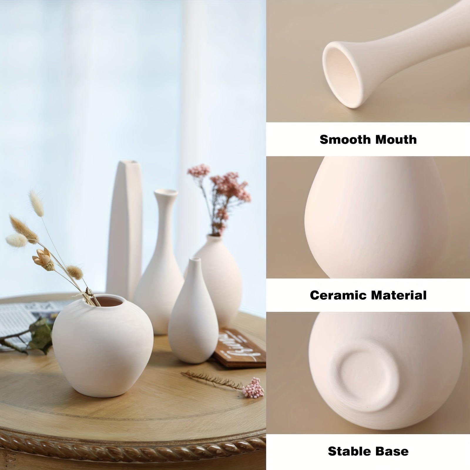 Modern Farmhouse Ceramic Vase Set of 6 - Rustic White Cylinder Vases for Pampas Grass & Dried Florals, Couples Home Decor for Shelves & Tables