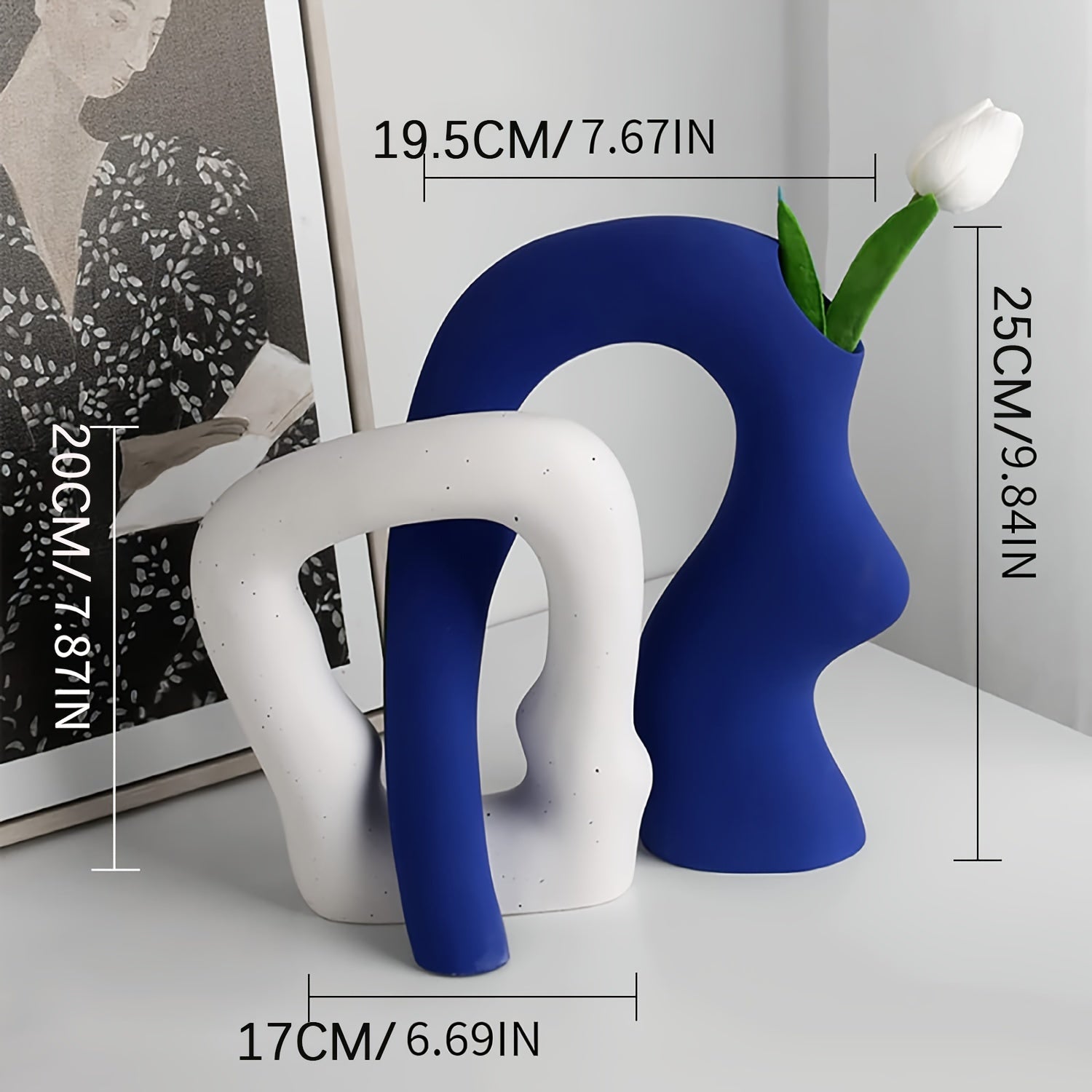 Boho Ceramic Vase Set of 2 - Pedestal Home Decor for Pampas Grass & Dried Florals, Couples Centerpiece for Living Room & Bedroom