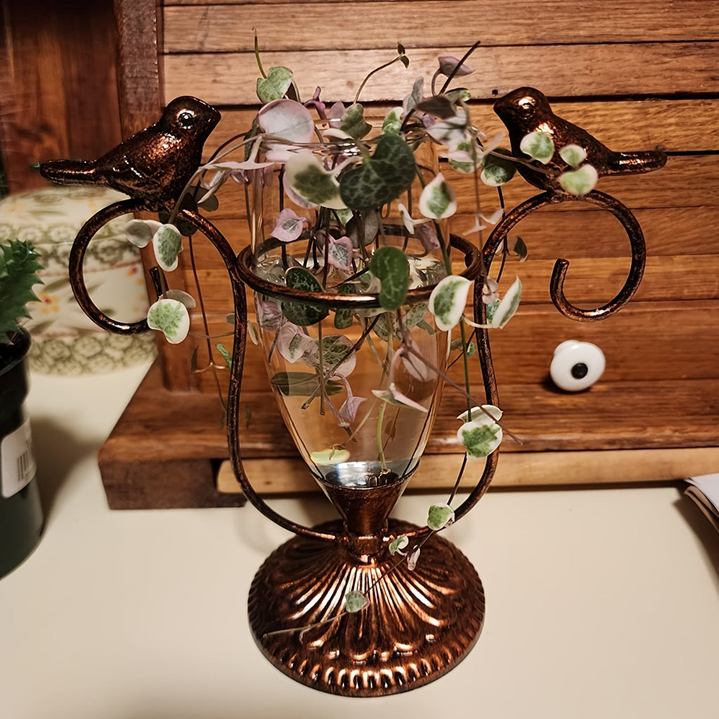 Romantic Bird Terrarium for Couples - Vintage Iron Frame Glass Planter for Shared Desks & Home Gardens