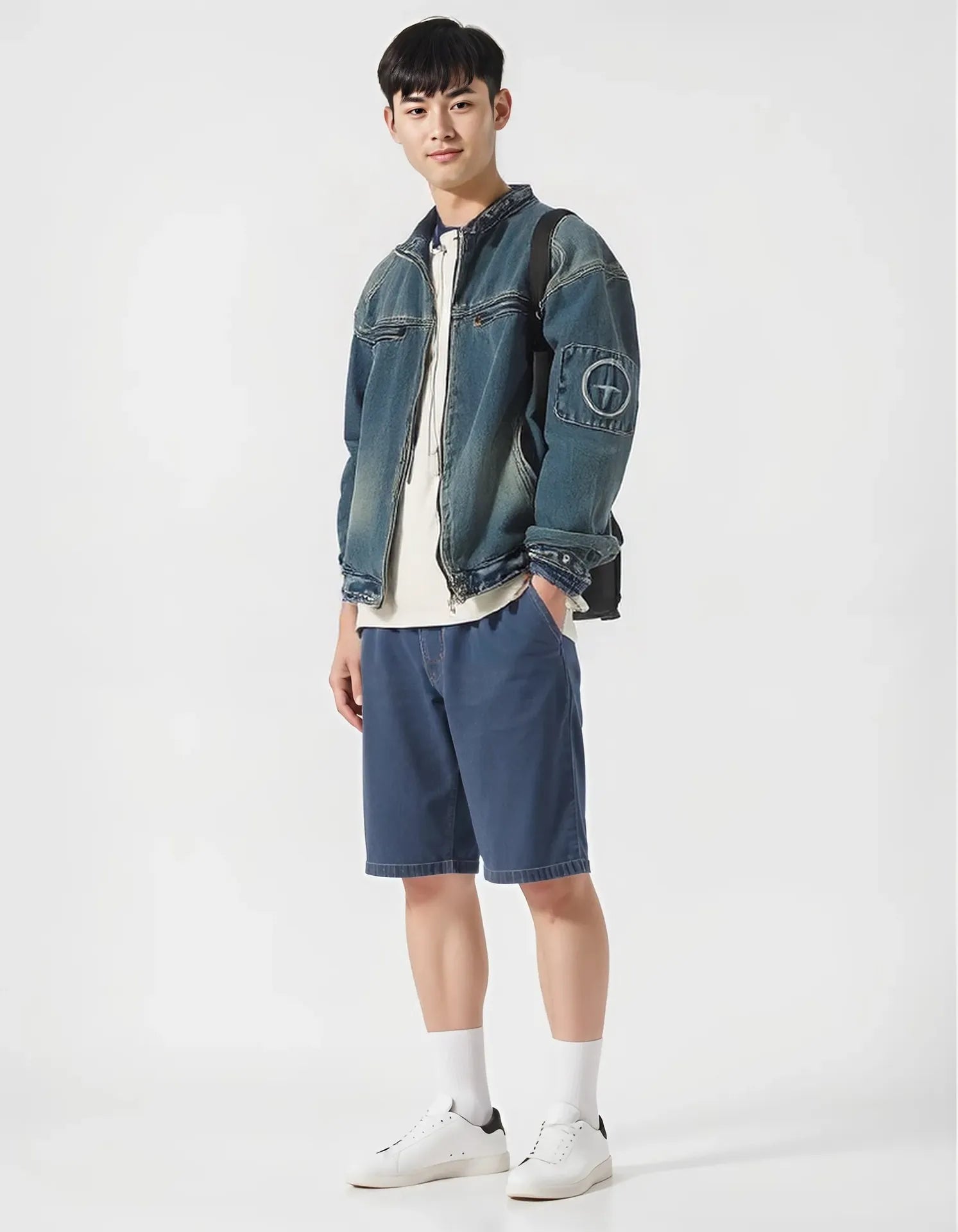 日系復古刺繡洗水牛仔夾克外套男士