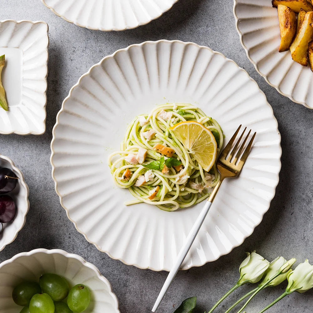 White Ceramic Dinnerware Set - Nordic Plates, Bowls, Mugs