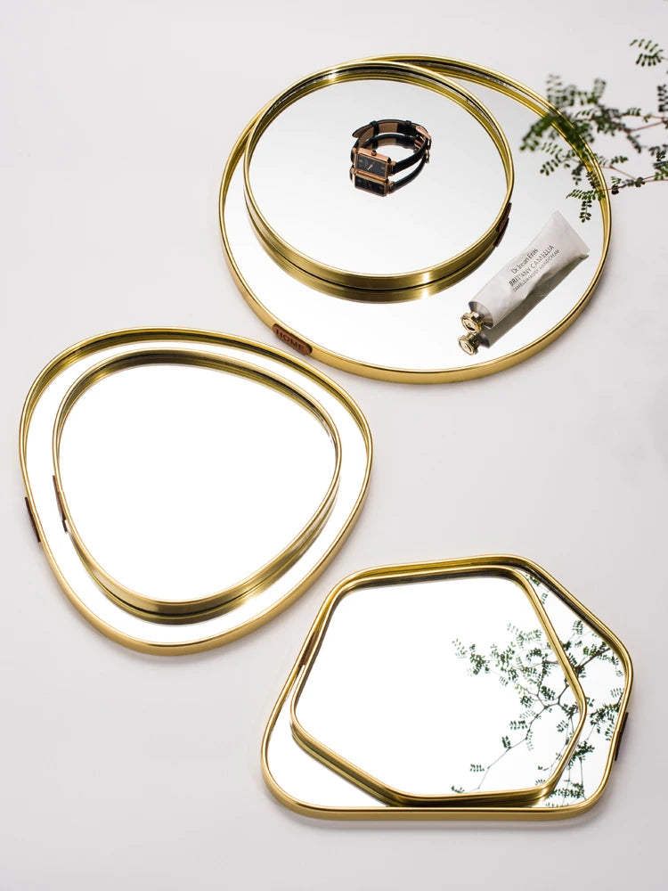 Gold Geometric Mirror Tray - Nordic Jewelry Organizer Dish