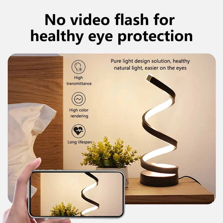 Modern Spiral LED Table Lamp for Couples - Dimmable USB Bedside Light for Living Room & Office