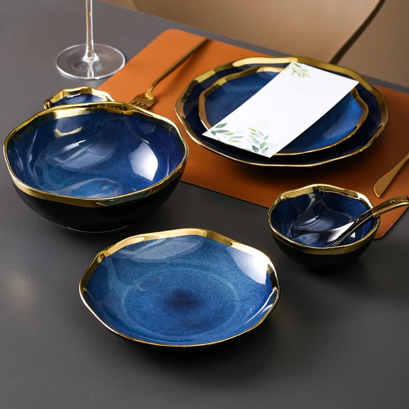 Nordic Blue Glaze Ceramic Plate - Irregular Gold Edge Dinnerware