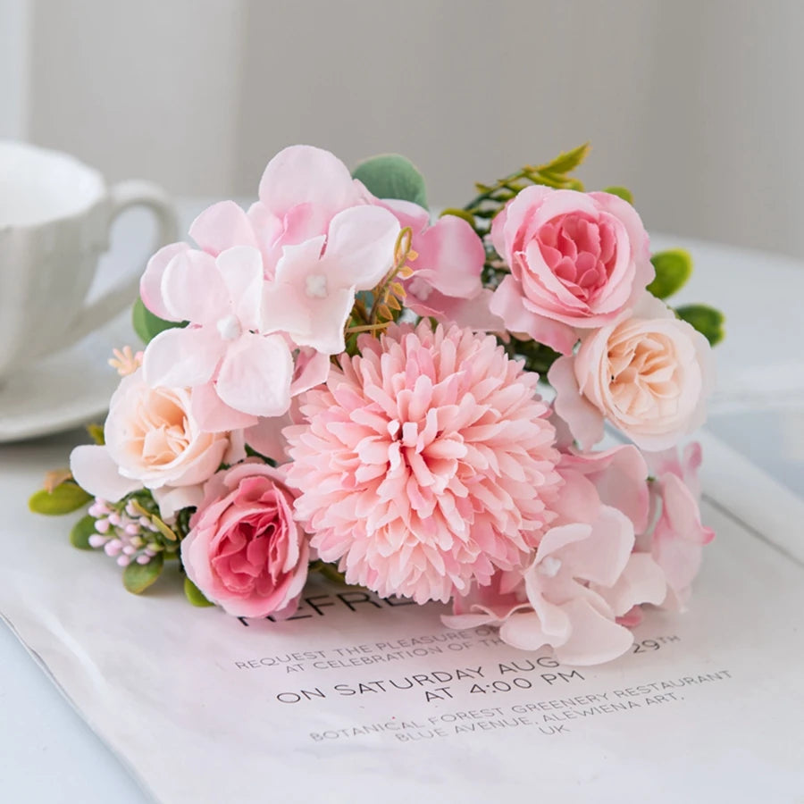 Silk Rose & Chrysanthemum Bouquet - Wedding & Valentine's Decor - Pink | The Couple Corner