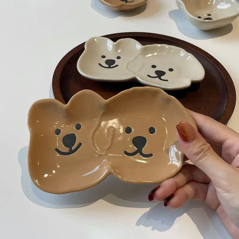 Ceramic Sauce Dish with Cute Dog & Bear Design - Dip Bowl for Couples - | The Couple Corner