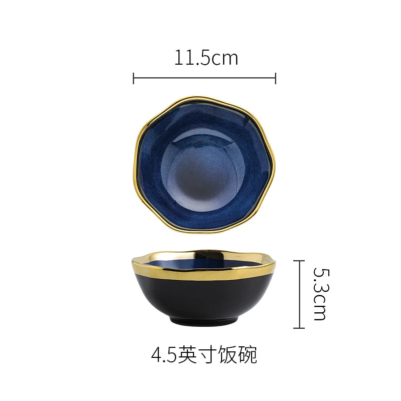 Nordic Blue Glaze Ceramic Plate - Irregular Gold Edge Dinnerware