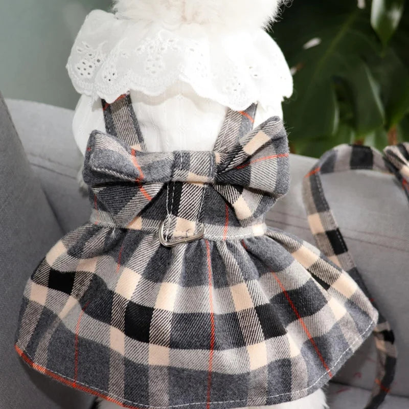 Plaid Dog Dress with Big Bowknot - Harness and Leash Set for Small to Medium Dogs