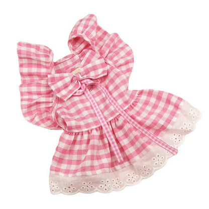 Lovely Flying Shoulder Sleeve Plaid Skirt - Summer Pet Dress