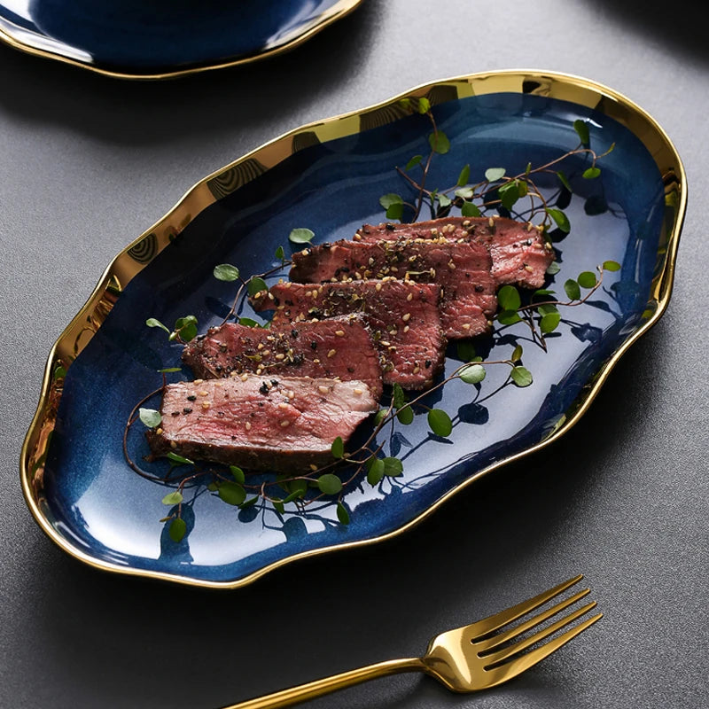 Nordic Blue Glaze Ceramic Plate - Irregular Gold Edge Dinnerware