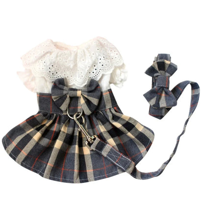 Plaid Dog Dress with Big Bowknot - Harness and Leash Set for Small to Medium Dogs