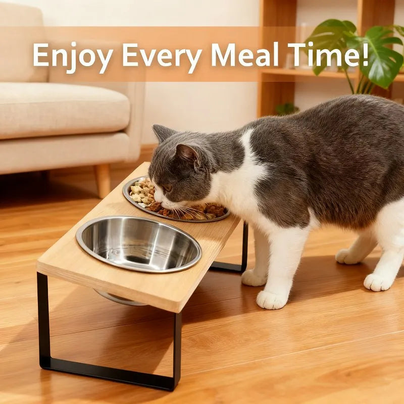 Elevated Cat Bowls - 15° Tilted Raised Stand with Stainless Steel Bowls | Pet Feeding Bowl The Couple Corner