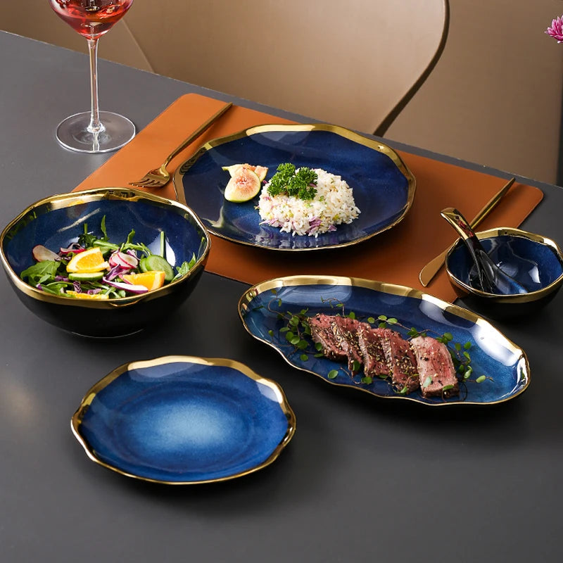 Nordic Blue Glaze Ceramic Plate - Irregular Gold Edge Dinnerware