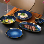 Nordic Blue Glaze Ceramic Plate - Irregular Gold Edge Dinnerware