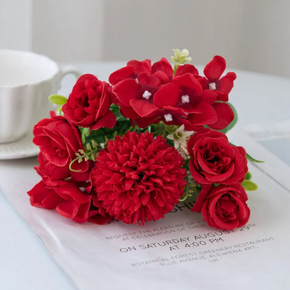 Silk Rose & Chrysanthemum Bouquet - Wedding & Valentine's Decor - Red | The Couple Corner