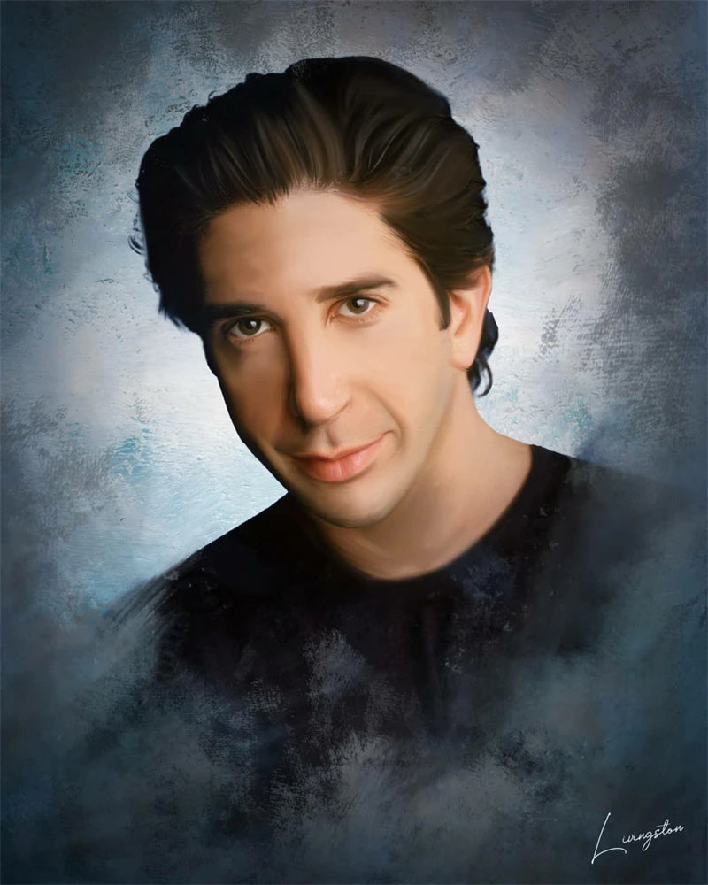 Digital portrait of a smiling man with dark hair, featured on a textured blue background.