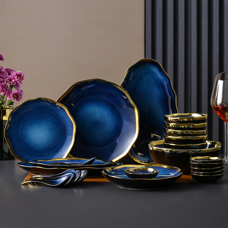 Nordic Blue Glaze Ceramic Plate - Irregular Gold Edge Dinnerware