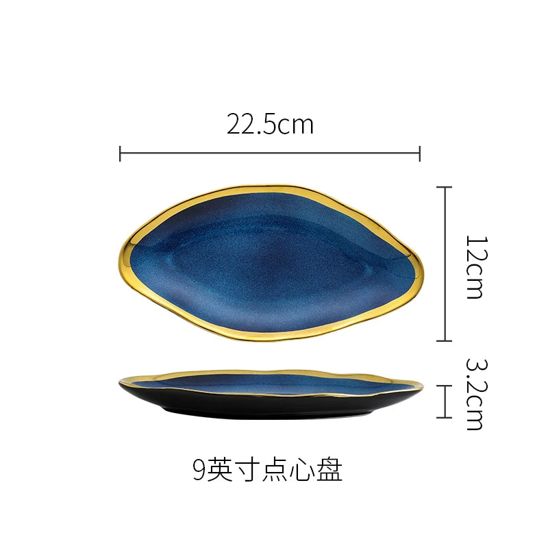 Nordic Blue Glaze Ceramic Plate - Irregular Gold Edge Dinnerware