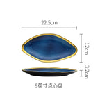 Nordic Blue Glaze Ceramic Plate - Irregular Gold Edge Dinnerware