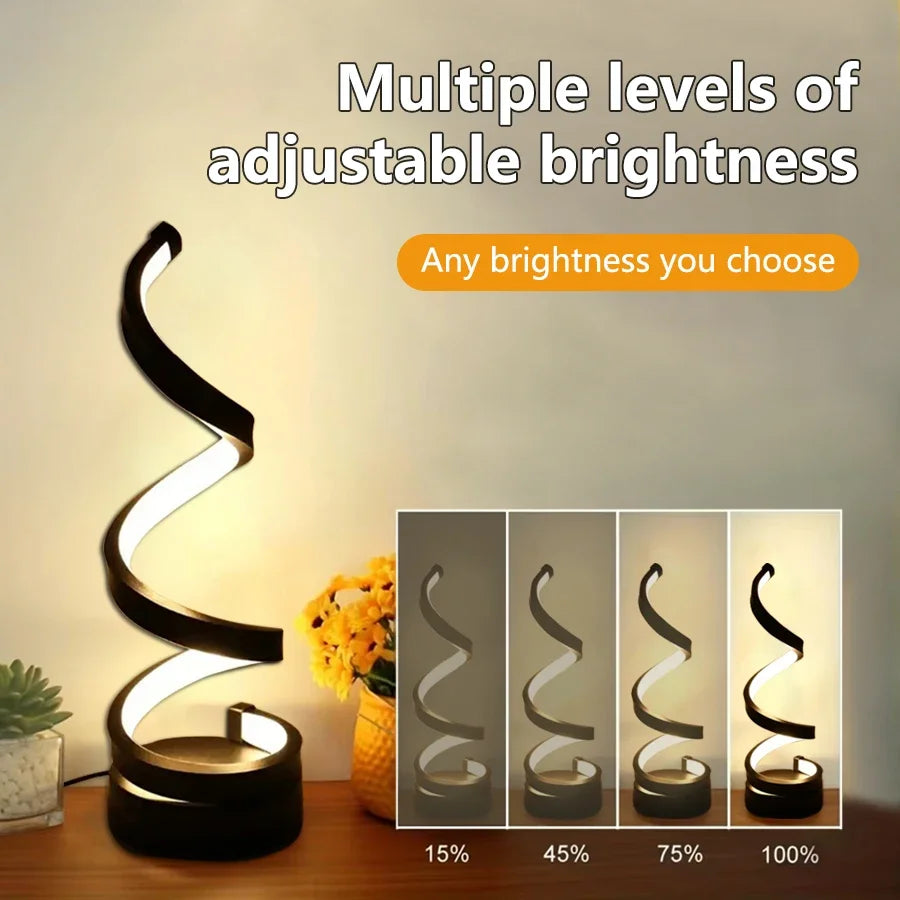 Modern Spiral LED Table Lamp for Couples - Dimmable USB Bedside Light for Living Room & Office