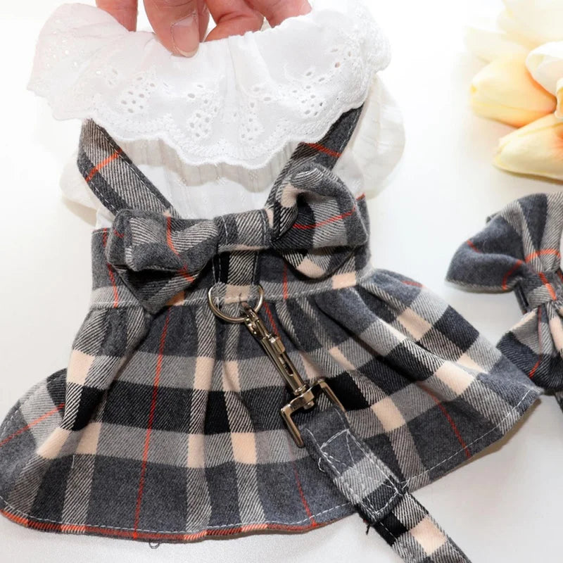 Plaid Dog Dress with Big Bowknot - Harness and Leash Set for Small to Medium Dogs