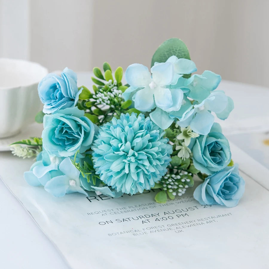 Silk Rose & Chrysanthemum Bouquet - Wedding & Valentine's Decor - Blue | The Couple Corner