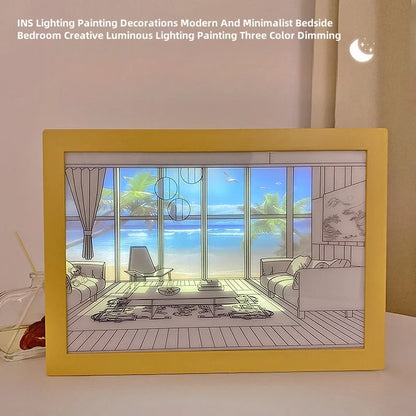 Window Scene Art Light for Couples - LED Light Painting of Empty House, Seaside, or Sun Dog | Dimmable Wall Art Lamp | The Couple Corner