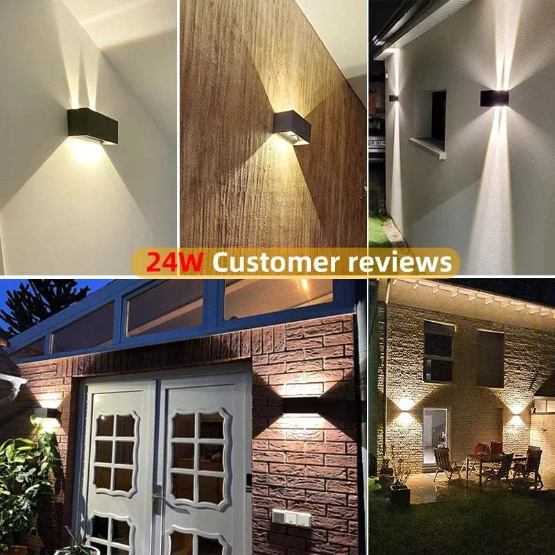 Modern wall lights for home exteriors and patios, ambient lighting, featured in customer reviews.
