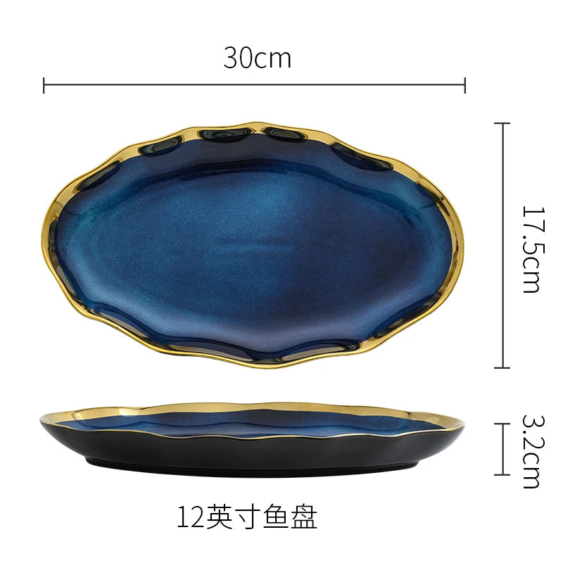 Nordic Blue Glaze Ceramic Plate - Irregular Gold Edge Dinnerware