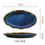 Nordic Blue Glaze Ceramic Plate - Irregular Gold Edge Dinnerware