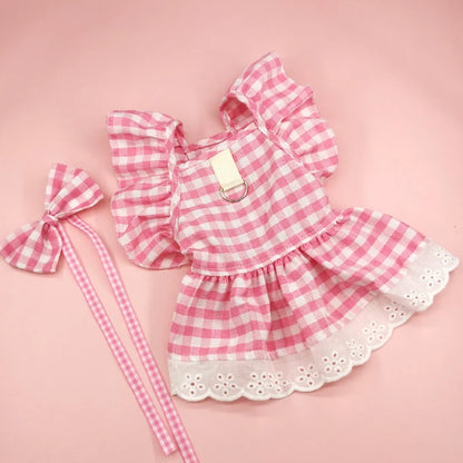 Lovely Flying Shoulder Sleeve Plaid Skirt - Summer Pet Dress