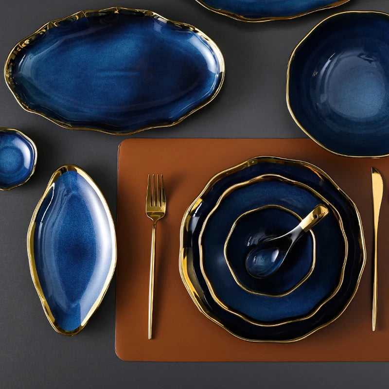 Nordic Blue Glaze Ceramic Plate - Irregular Gold Edge Dinnerware