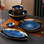 Nordic Blue Glaze Ceramic Plate - Irregular Gold Edge Dinnerware