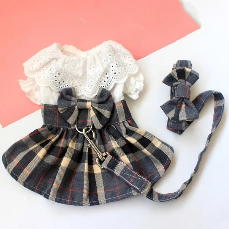 Plaid Dog Dress with Big Bowknot - Harness and Leash Set for Small to Medium Dogs