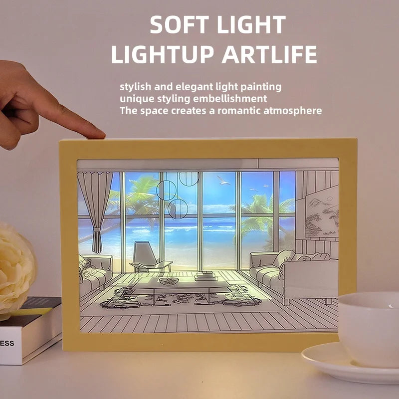 Window Scene Art Light for Couples - LED Light Painting of Empty House, Seaside, or Sun Dog | Dimmable Wall Art Lamp