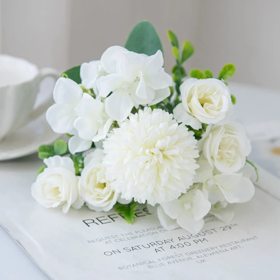 Silk Rose & Chrysanthemum Bouquet - Wedding & Valentine's Decor - WHITE | The Couple Corner